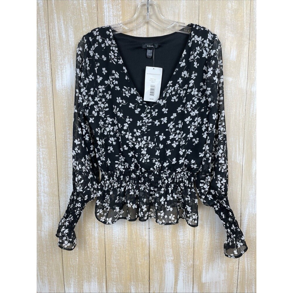NWT AQUA By Bloomingdales Black & Ivory Floral Blouse Size M